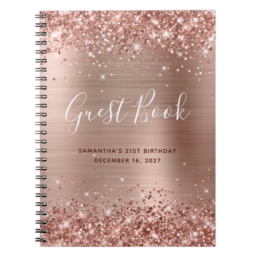 Glittery Roos Gold Modern 21st Birthday Guestbook Notitieboek (Voorkant)