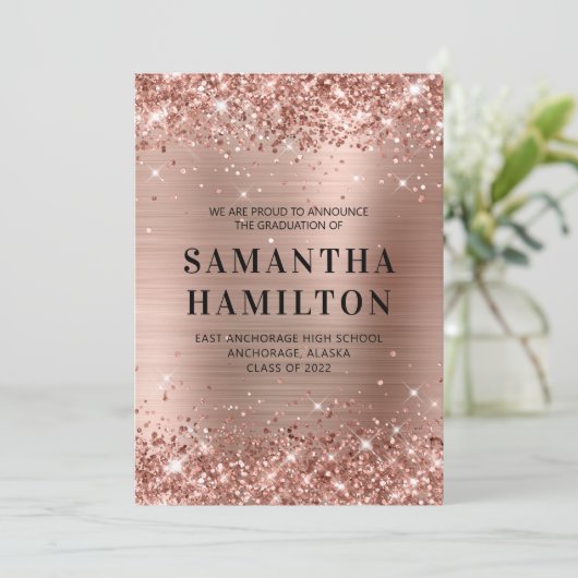 Glittery Roos Gold Ombre Folie Afstuderen Aankondiging (Staand voorkant)