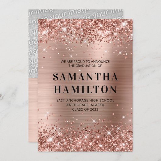 Glittery Roos Gold Ombre Folie Afstuderen Aankondiging (Voorkant / Achterkant)