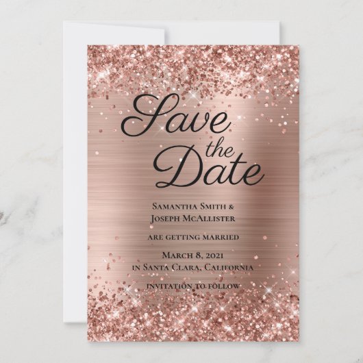 Glittery Roos Gold Ombre Folie Save The Date (Voorkant)