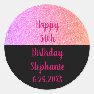 Glittery Roos Gold Pink Black Happy Birthday naam Ronde Sticker