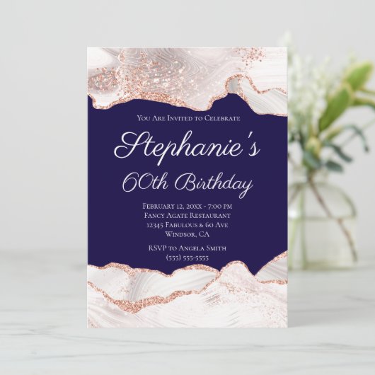 Glittery Roos Gold White Agate 60th Birthday Navy Kaart (Staand voorkant)