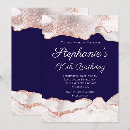 Glittery Roos Gold White Agate 60th Birthday Navy Kaart (Voorkant / Achterkant)