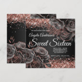Glittery Roos Goud Zwart Bloemen Glam Sweet Sixtee Kaart (Voorkant / Achterkant)