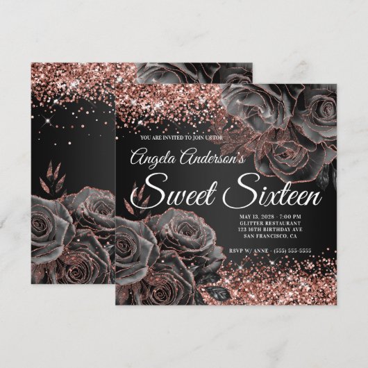 Glittery Roos Goud Zwart Bloemen Glam Sweet Sixtee Kaart (Voorkant / Achterkant)