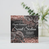 Glittery Roos Goud Zwart Bloemen Glam Sweet Sixtee Kaart (Staand voorkant)