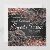 Glittery Roos Goud Zwart Bloemen Glam Sweet Sixtee Kaart (Voorkant)