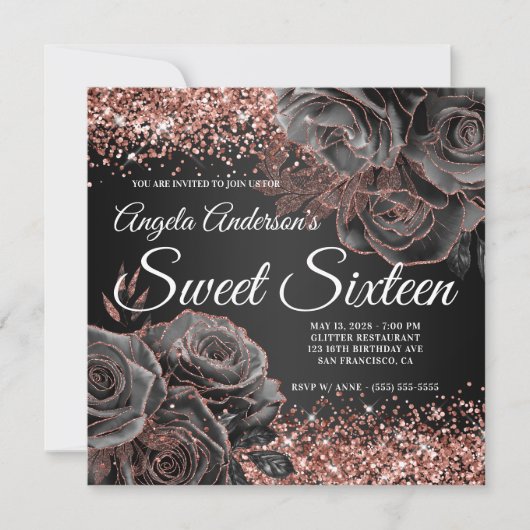 Glittery Roos Goud Zwart Bloemen Glam Sweet Sixtee Kaart (Voorkant)