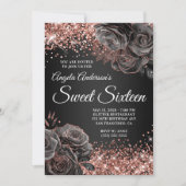 Glittery Roos Goud Zwart Bloemen Glam Sweet Sixtee Kaart (Voorkant)