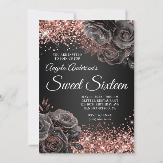 Glittery Roos Goud Zwart Bloemen Glam Sweet Sixtee Kaart (Voorkant)