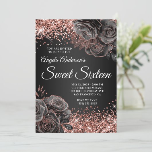 Glittery Roos Goud Zwart Bloemen Glam Sweet Sixtee Kaart (Staand voorkant)