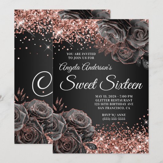 Glittery Roos Goud Zwart Bloemen Glam Sweet Sixtee Kaart (Voorkant / Achterkant)