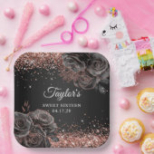 Glittery Roos Goud Zwart Bloemen Glam Sweet Sixtee Papieren Bordje (Feest)