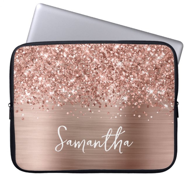 Glittery Roos Gouden Glam Handgeschreven Script Na Laptop Sleeve (Voorkant)