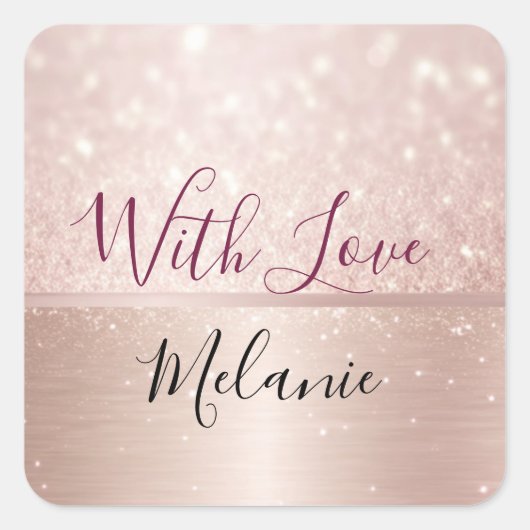 Glittery Roos Gouden Glam metallic Naam Vierkante Sticker (Voorkant)