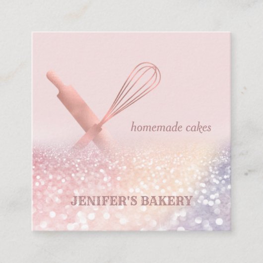 Glittery roos gouden rollende pin whisk chef bakke vierkante visitekaartje (Voorkant)