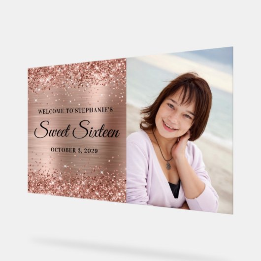 Glittery Roos Goudfolie Sweet Sixteen Welkom Acryl Bord (Hoek)