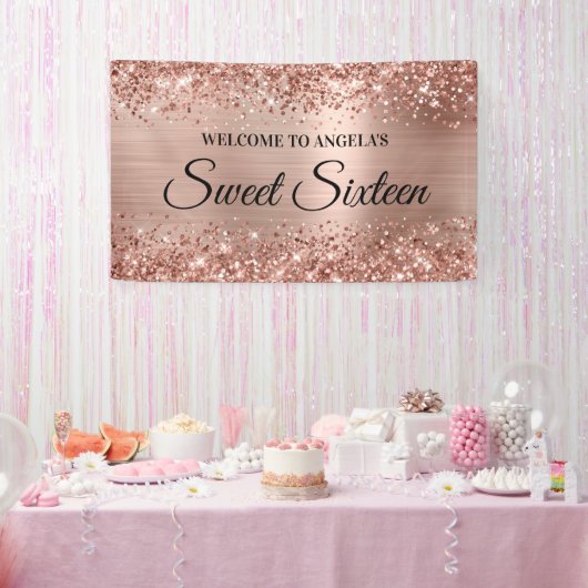 Glittery Roos Goudfolie Sweet Sixteen Welkom Spandoek (Feest)