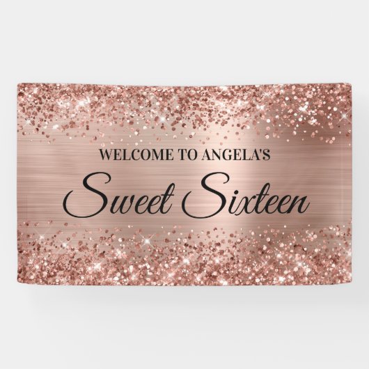 Glittery Roos Goudfolie Sweet Sixteen Welkom Spandoek (Horizontaal)