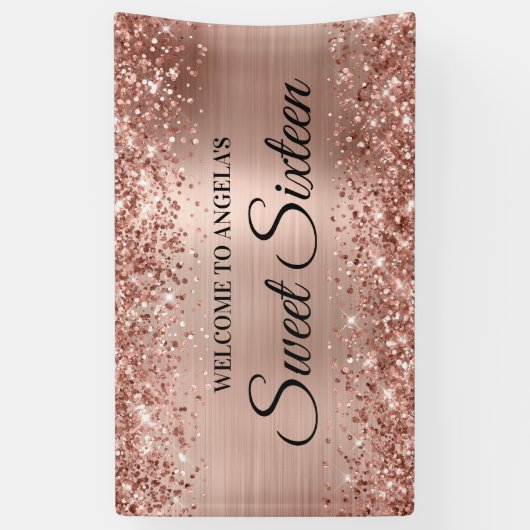 Glittery Roos Goudfolie Sweet Sixteen Welkom Spandoek (Verticaal)