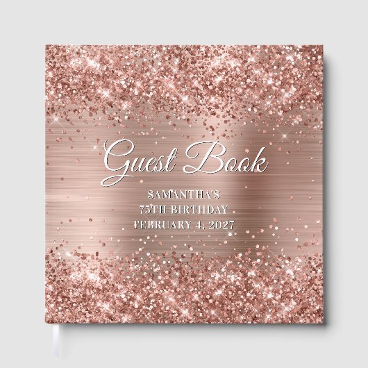 Glittery Rose Gold and White 75th Birthday Gastenboek (Voorkant)