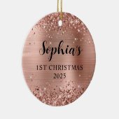 Glittery Rose Gold Foil 1st Christmas Photo Keramisch Ornament (Rechts)