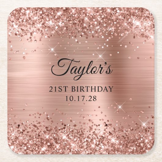 Glittery Rose Gold Foil 21st Birthday Kartonnen Onderzetters (Voorkant)