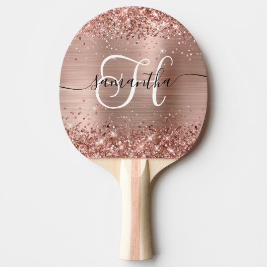 Glittery Rose Gold Glam Monogrammed Tafeltennisbatje (Voorkant)