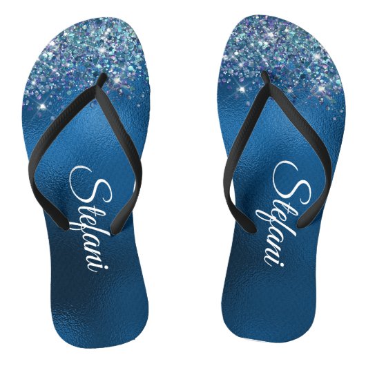Glittery Royal Blue Folie Individuele naam Teenslippers (Voetbed)