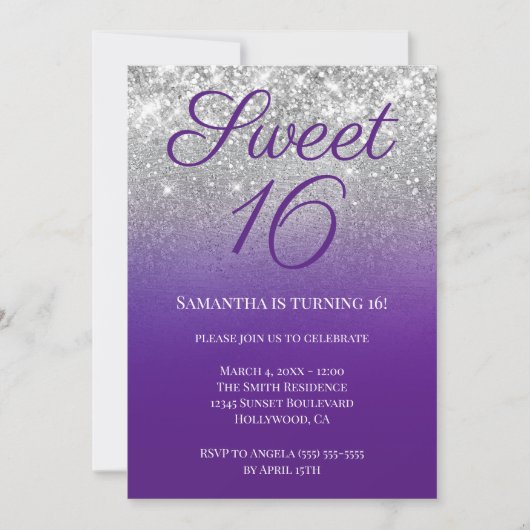 Glittery Royal Paars Silver Ombre Sweet 16 Kaart (Voorkant)