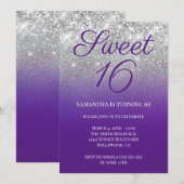 Glittery Royal Paars Silver Ombre Sweet 16 Kaart (Voorkant / Achterkant)