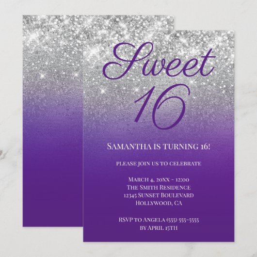 Glittery Royal Paars Silver Ombre Sweet 16 Kaart (Voorkant / Achterkant)
