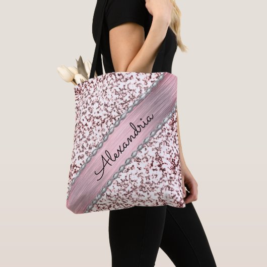 Glittery roze blush gepersonaliseerd marmer tote bag (Dichtbij)
