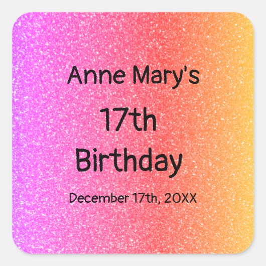 Glittery Roze Sinaasappel 17e Verjaardag Custom Ag Vierkante Sticker (Voorkant)