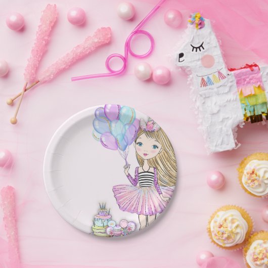 Glittery roze verjaardag blond meisje eenhoorn papieren bordje (Feest)