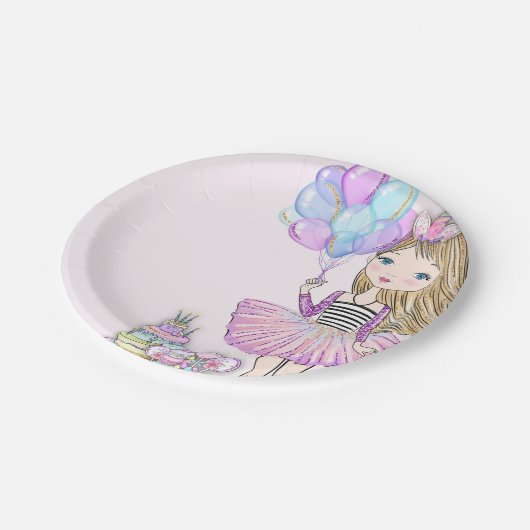 Glittery roze verjaardag blond meisje eenhoorn papieren bordje (Gekanteld)