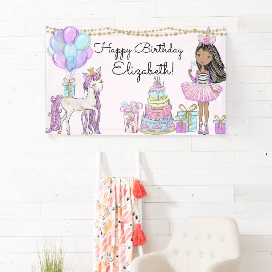 Glittery roze verjaardag meisje eenhoorn glam bann spandoek (Insitu)