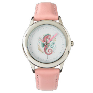 Glittery Seahorse op wit Horloge