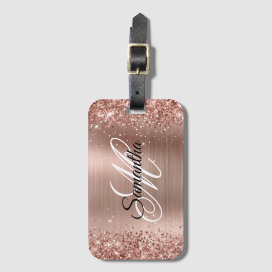 Glittery Shiny Roos Gold Faux Folie Bagagelabel (Voorkant (verticaal))