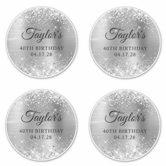 Glittery Silver 6" Cirkels 40e verjaardag Sticker (Voorkant)