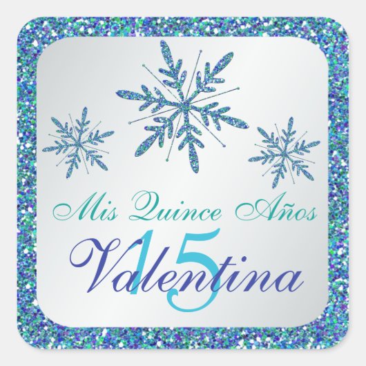 Glittery Silver Aqua Blue Green Sneeuwvlokken Stic Vierkante Sticker (Voorkant)
