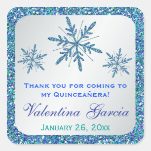 Glittery Silver Aqua Blue Green Sneeuwvlokken Stic Vierkante Sticker