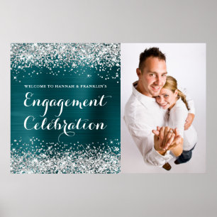 Glittery Silver Blue Blauwgroen Verloving Celebrat Poster