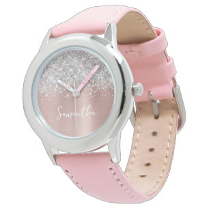 Glittery Silver Blush Pink Glam White Name Horloge