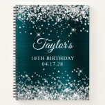 Glittery Silver Dark Turquoise Folie 18th Birthday Notitieboek<br><div class="desc">Creëer uw eigen 18e verjaardagsontwerp op een leeg notitieboek. Meisjes faux sparkly Silver Glitter op de boven- en onderrand, over een faux donkerturquoise blauwgroen braadmetalen folie. Pas de lettertypestijlen aan om je eigen gastenboek te creëer en haar speciale viering. Een klassieke elegante kalligrafie die met een al petten serif doopvont...</div>