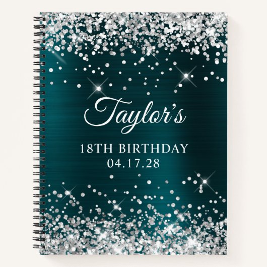 Glittery Silver Dark Turquoise Folie 18th Birthday Notitieboek (Voorkant)