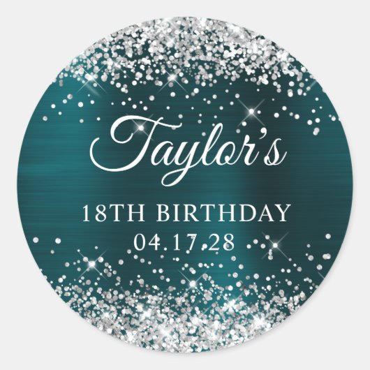 Glittery Silver Dark Turquoise Folie 18th Birthday Ronde Sticker (Voorkant)
