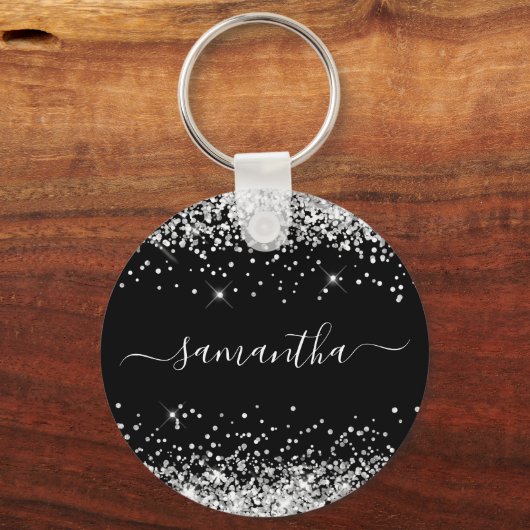 Glittery Silver en Black Girly Naam Sleutelhanger (Voorkant)