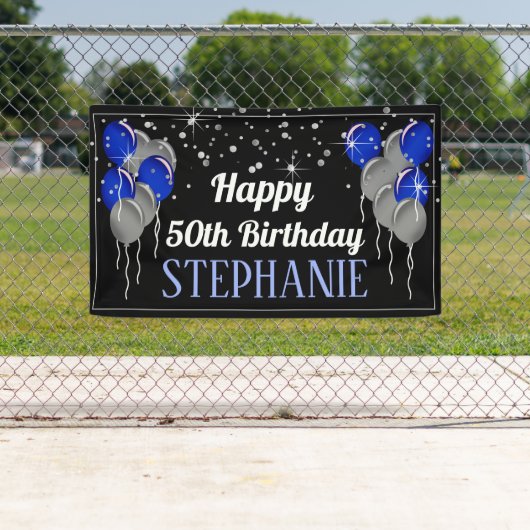 Glittery Silver en Blue Happy Birthday Banner (Insitu)
