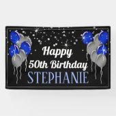 Glittery Silver en Blue Happy Birthday Banner (Horizontaal)